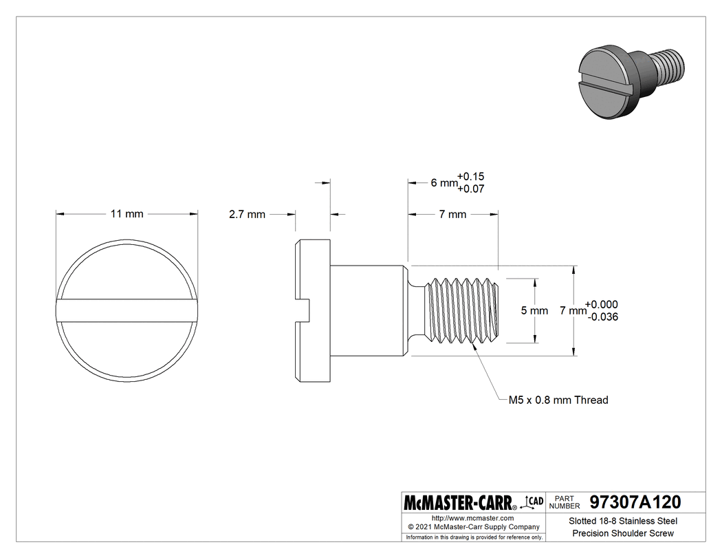 Technical Drawing of Slotted 18-8 Stainless Steel Precision Shoulder Screw, Low Profile, 7 mm Diameter, 6 mm Long, M5 x 0.80 mm Thread.
